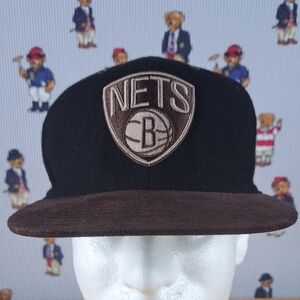 Brooklyn Nets Mitchell & Ness stitched suede brim black & brown leather tab hat